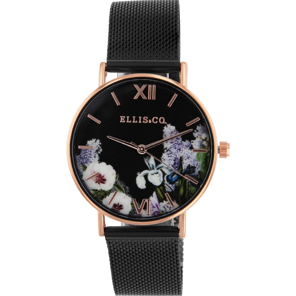 Ellis Co Iris Floral Stainless Steel Black Mesh Bracelet